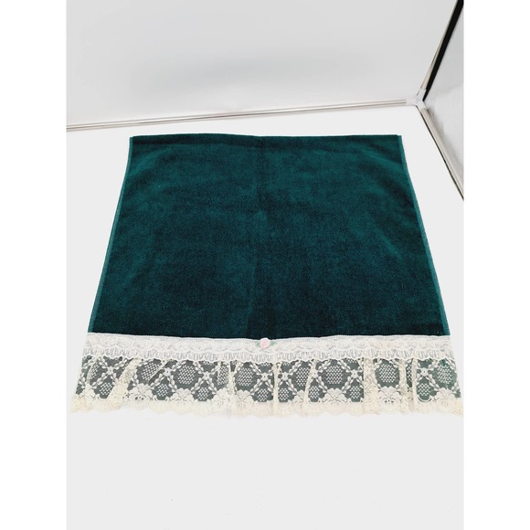 Vtg Handmade USA New Dark Green Bath Towel w/lace pink flower Never used - Picture 1 of 9